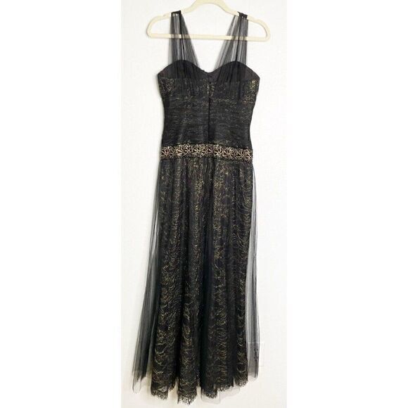 Teri‎ Jon Rickie Freeman Black Gold Sequin Tulle Evening Gown Dress Women's sz 4 - Picture 3 of 5